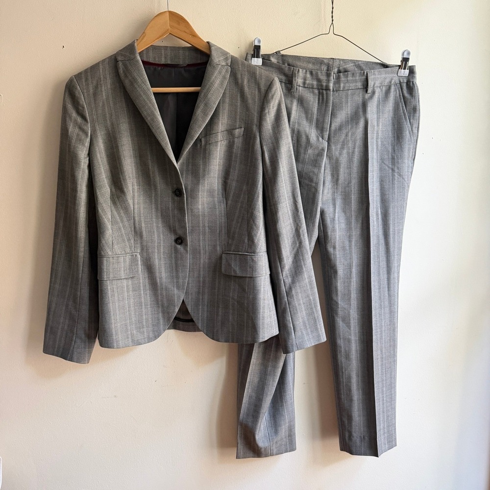 Luciano Barbera Wool Plaid Pant Suit Set Grey Size 38 Excellent Elegant Office